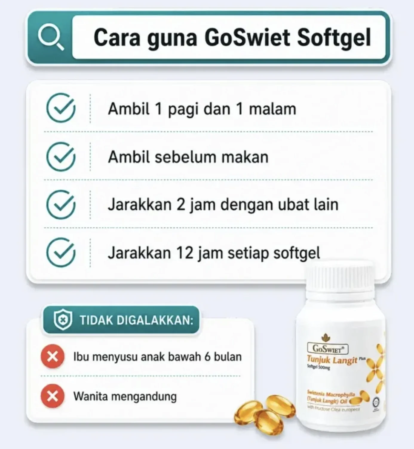 Cara guna GoSwiet Softgel: ambil 1 pagi dan 1 malam, sebelum makan, jarakkan 2 jam dengan ubat lain dan 12 jam setiap softgel. Tidak digalakkan untuk ibu menyusu anak bawah 6 bulan dan wanita mengandung.